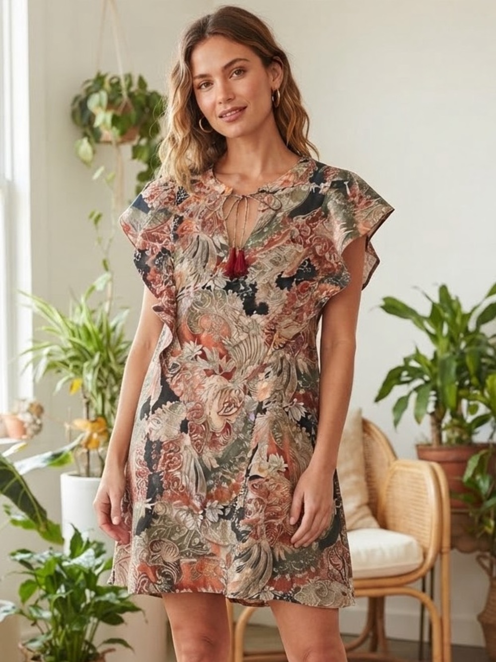Lovely Day Multicolor Paisley Tie-Neck Short Sleeve Tunic Dress